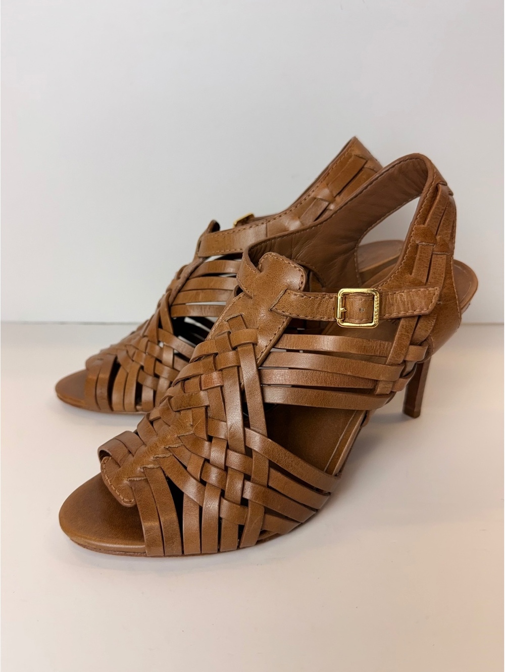 Tory Burch Nadia Tan Leather Woven Huarache Slingback Heels Sandals Size 7.5